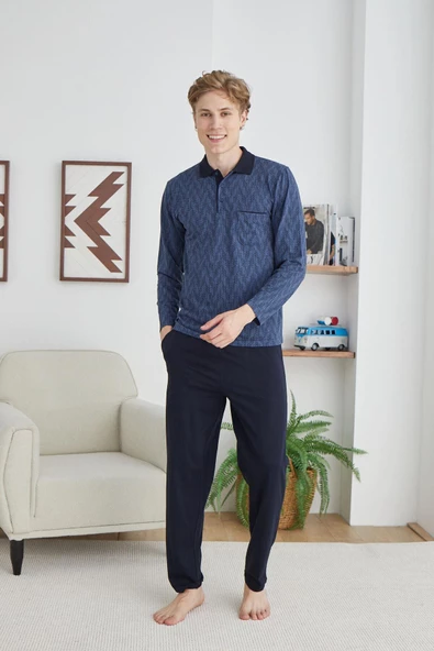 Kly 9247 Erkek Polo Yaka Düğmeli Uzun Kol Pijama Takım