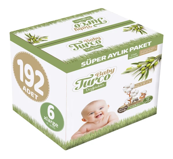 Baby Turco Bebek Bezi Doğadan Beden:6 (16-25Kg) XLarge 192 Adet Süper Aylık Pk