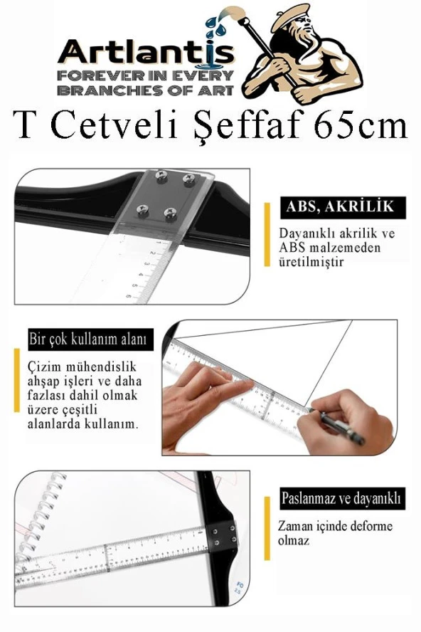 T Cetveli Şeffaf 65 cm 1 Adet Plastik Mika T Cetveli Çizim Cetveli Mimarlık Mühendislik Öğrenci Tasarım Cetveli - 2