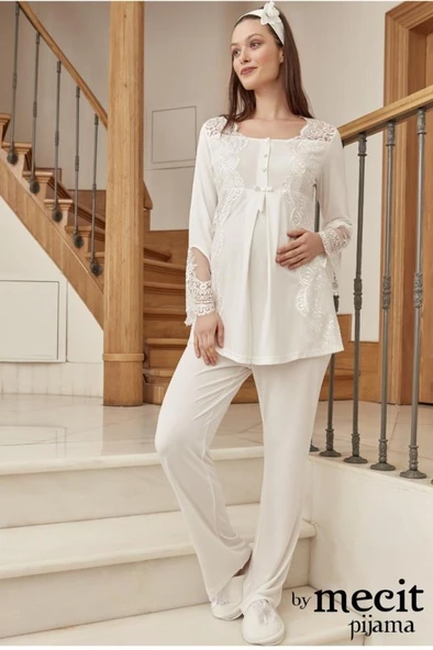 MECİT 5015 ECRU HAMİLE LOHUSA DANTELLİ PİJAMA TAKIMI