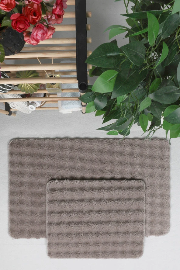 Modern Bubble Yıkanabilir Kaymaz Peluş Banyo Paspası Halısı 2'li Klozet Takımı 50x80-50x40cm Vizon - 2
