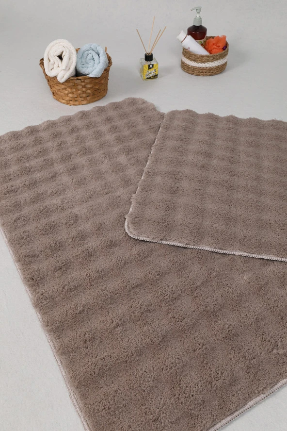 Modern Bubble Yıkanabilir Kaymaz Peluş Banyo Paspası Halısı 2'li Klozet Takımı 50x80-50x40cm Vizon - 3