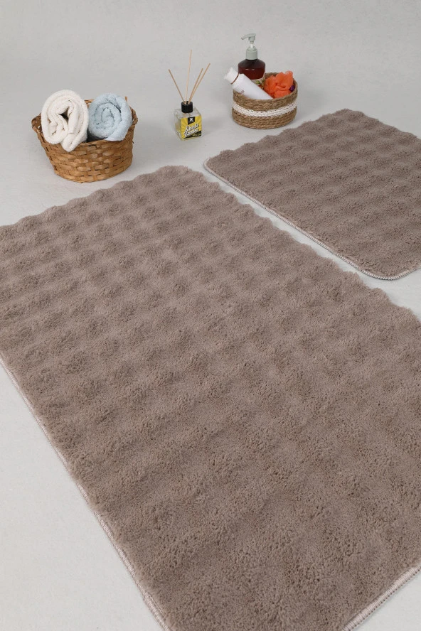 Modern Bubble Yıkanabilir Kaymaz Peluş Banyo Paspası Halısı 2'li Klozet Takımı 50x80-50x40cm Vizon - 4