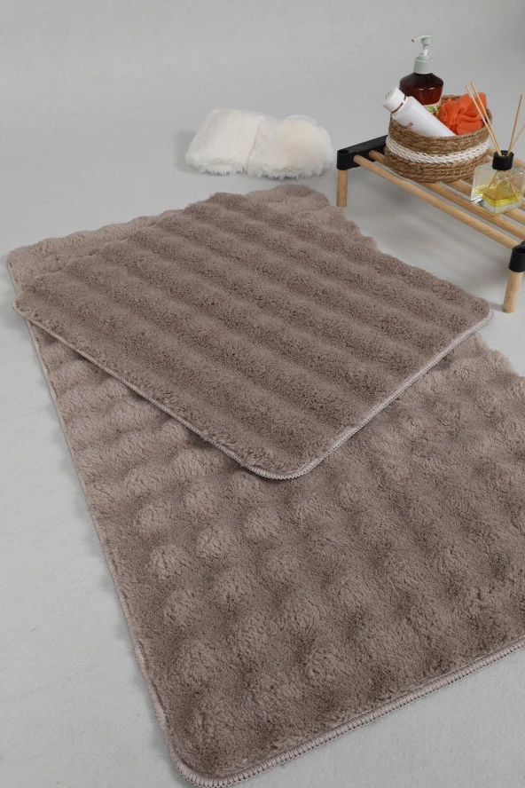 Modern Bubble Yıkanabilir Kaymaz Peluş Banyo Paspası Halısı 2'li Klozet Takımı 50x80-50x40cm Vizon - 5