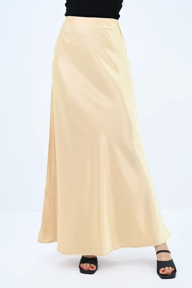 Kadın Midi Boy Yüksek Bel Dökümlü Saten Etek 6275-24 - 9