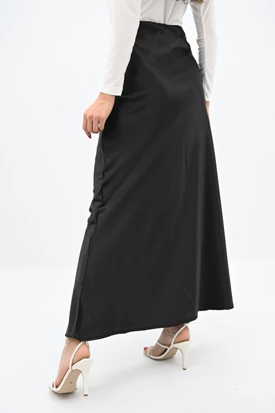 Kadın Midi Boy Yüksek Bel Dökümlü Saten Etek 6275-24 - 4