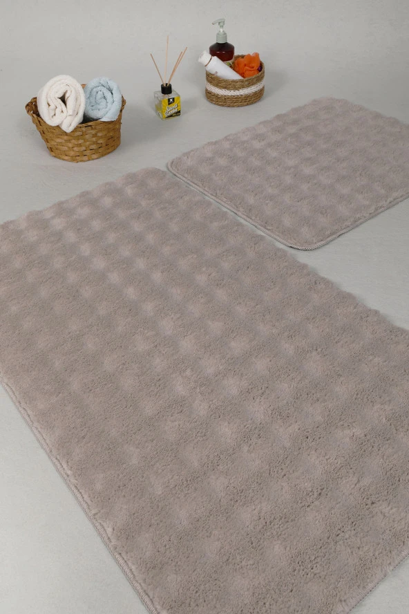 Modern Bubble Yıkanabilir Kaymaz Peluş Banyo Paspası Halısı 2'li Klozet Takımı 50x80-50x40cm Bej - 4