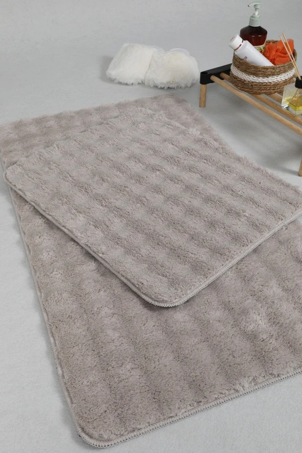 Modern Bubble Yıkanabilir Kaymaz Peluş Banyo Paspası Halısı 2'li Klozet Takımı 50x80-50x40cm Bej - 5