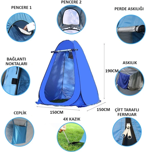 Valkyrie Kamp Outdoor WC Duş XL Giyinme Çadırı İç Astarlı 190x150x150 Fotoğraf Prova Kabini BÜYÜK BOY Mavi - 4