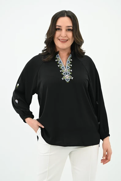 Kadın Nakış Detaylı Uzun Kollu Bluz 1715-24 - 2