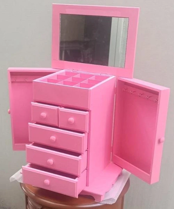 Hobi Takı Kutu Makyaj Şifonyer 90389 Model 9Çekmece Parlak Pembe Ahşap MDF ElYapım - 10