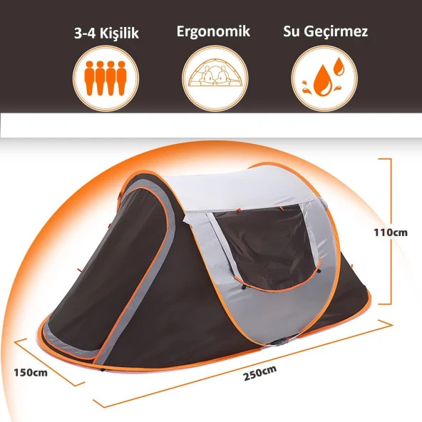 Valkyrie 3-4 Kişilik Hızlı Kurulum Otomatik Kamp Çadırı Sineklikli Çift Pencereli Su Geçirmez 240x150x110cm 4 Mevsim - 7