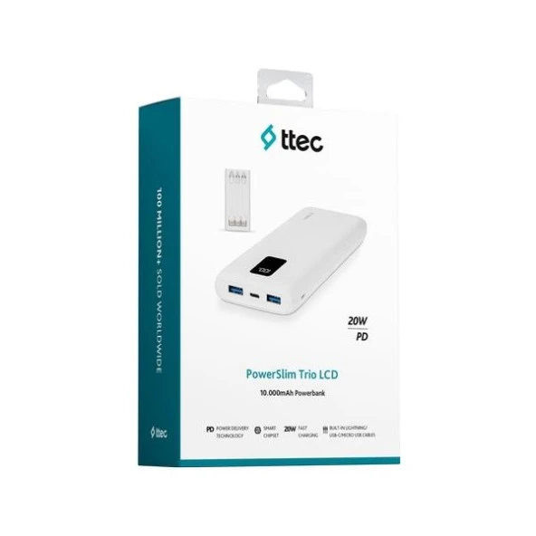 Ttec 2BB202B PowerSlim Trio LCD 10.000mAh PD 22,5W Dahili Kablolu Taşınabilir Şarj Aleti / Powerbank - 3