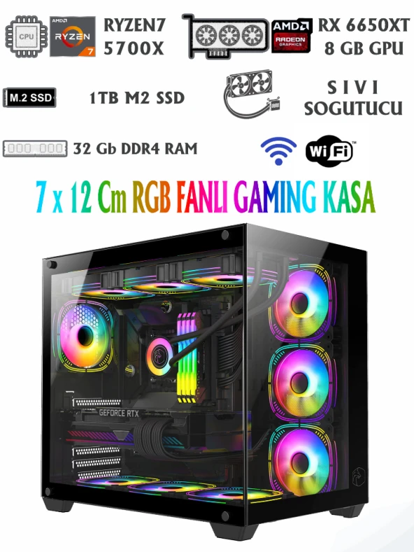 RAMTECH AQUARİUM RYZEN 7 5700X / 32GB RAM / 1TB M2 / RX6650XT 8GB EKRAN KARTI OYUNCU BİLGİSAYARI