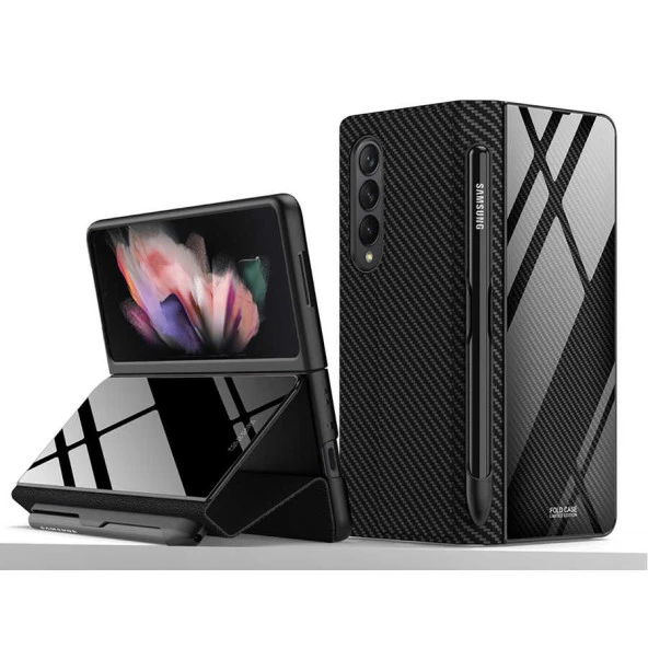 Samsung Galaxy Z Fold 3 Kılıf Karbon Fiber Tasarım Parmak İzi Bırakmayan Kalem Bölmeli Kılıf (Droga)