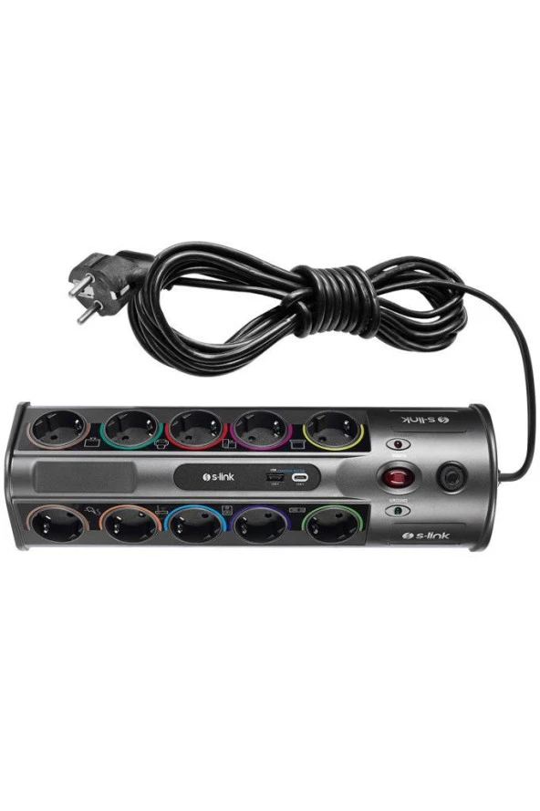 S-link Swapp 3M KABLOLU SP10AF 3M 1860 Joule 1.5mm 1 Usb 1 TYPE-C 2.1A/5V 16A 250V 3680W 10lu Akım Korumalı Priz - 4