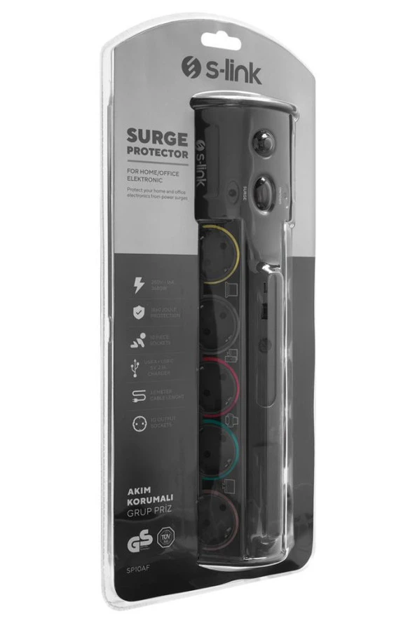 S-link Swapp 3M KABLOLU SP10AF 3M 1860 Joule 1.5mm 1 Usb 1 TYPE-C 2.1A/5V 16A 250V 3680W 10lu Akım Korumalı Priz - 8