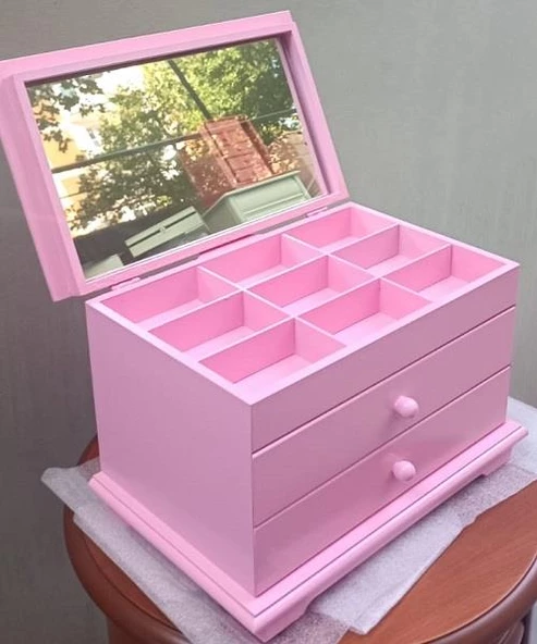 Hobi Takı Şifonyer 90390 Makyaj Kutu 2Çekmc Ayna Parlak Pembe Ahşap MDF El Yapım - 9