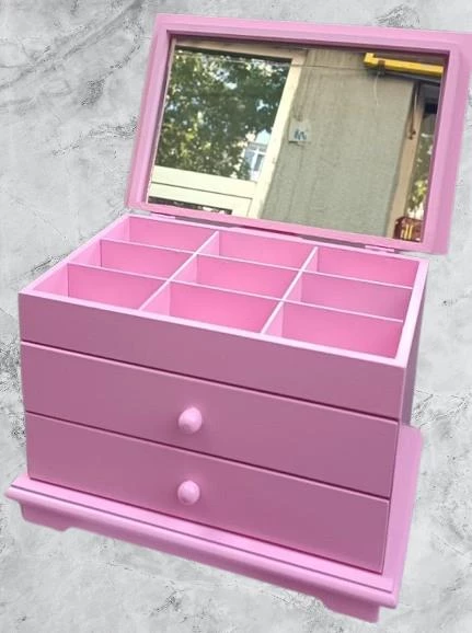 Hobi Takı Şifonyer 90390 Makyaj Kutu 2Çekmc Ayna Parlak Pembe Ahşap MDF El Yapım - 7