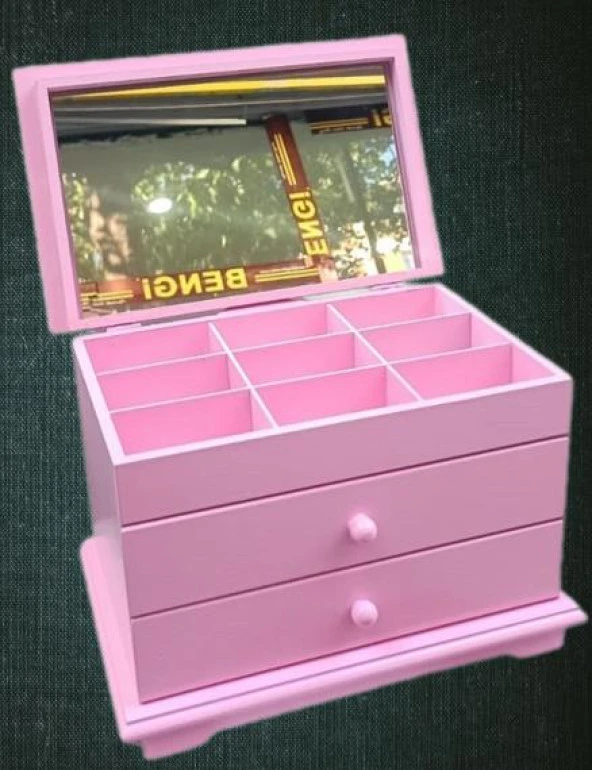 Hobi Takı Şifonyer 90390 Makyaj Kutu 2Çekmc Ayna Parlak Pembe Ahşap MDF El Yapım - 2