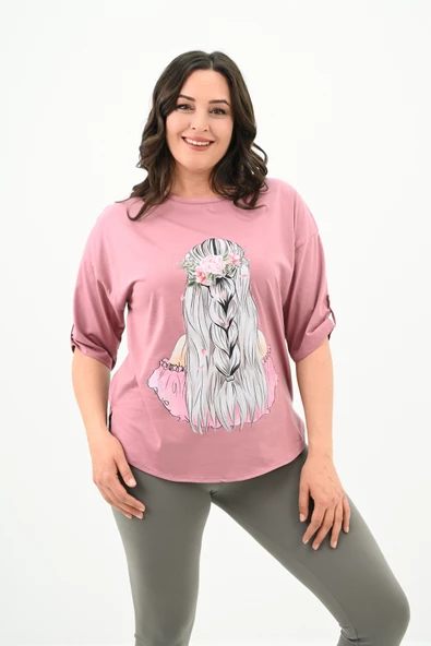 Kadın Büyük Beden Düşük Omuz Oversize T-shirt 1773-1-24 - 11