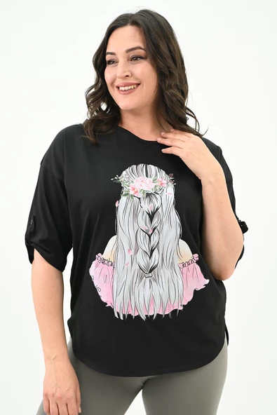 Kadın Büyük Beden Düşük Omuz Oversize T-shirt 1773-1-24 - 2