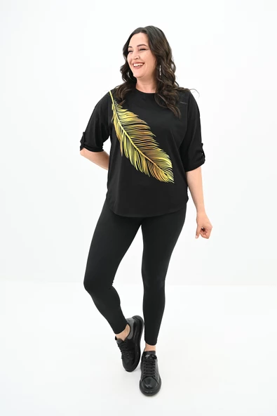 Kadın Büyük Beden Baskı Detaylı T-shirt 1773-2-24 - 3