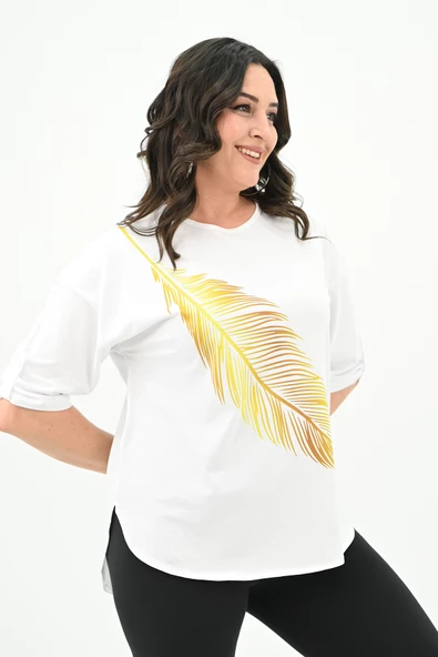 Kadın Büyük Beden Baskı Detaylı T-shirt 1773-2-24 - 6