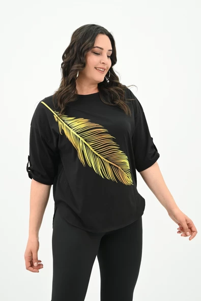 Kadın Büyük Beden Baskı Detaylı T-shirt 1773-2-24 - 4