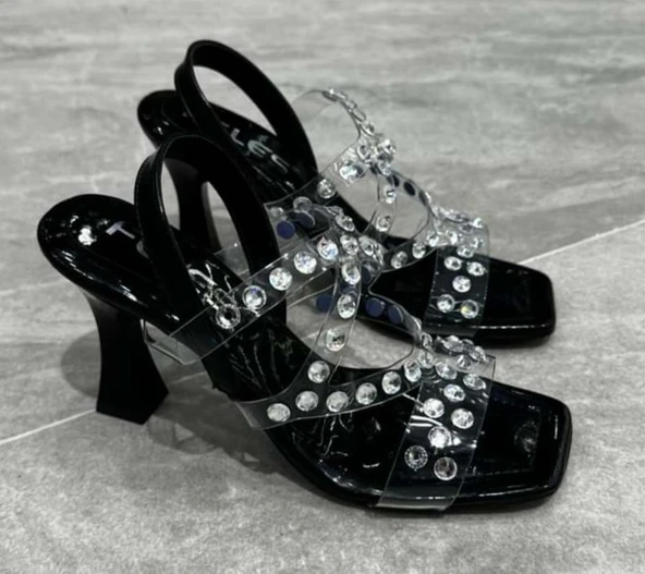 Feles Çapraz Şeffaf Taş Detaylı Topuklu Kadın Abiye Ayakkabı - Resim 4