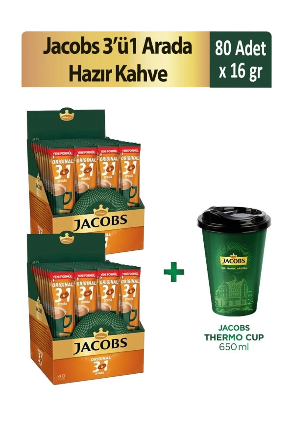 Jacobs 3'ü 1 Arada Hazır Kahve 40'lı x 2 Adet + Thermo Cup 650 ml