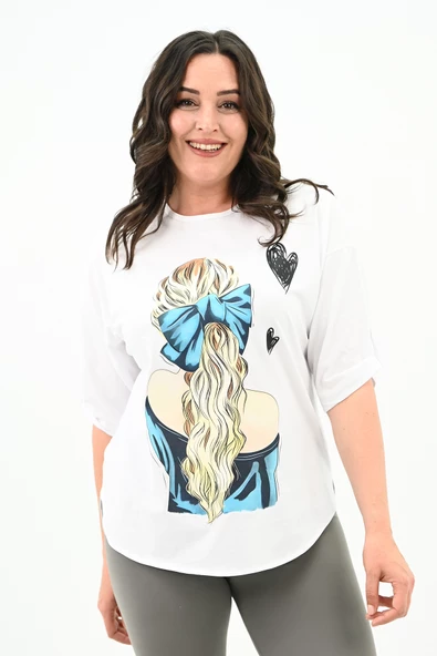 Kadın Büyük Beden Kalp Baskılı Oversize T-shirt 1773-3-24 - 5