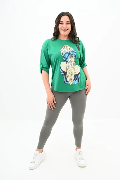 Kadın Büyük Beden Kalp Baskılı Oversize T-shirt 1773-3-24 - 8