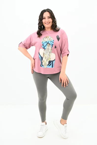 Kadın Büyük Beden Kalp Baskılı Oversize T-shirt 1773-3-24 - 11