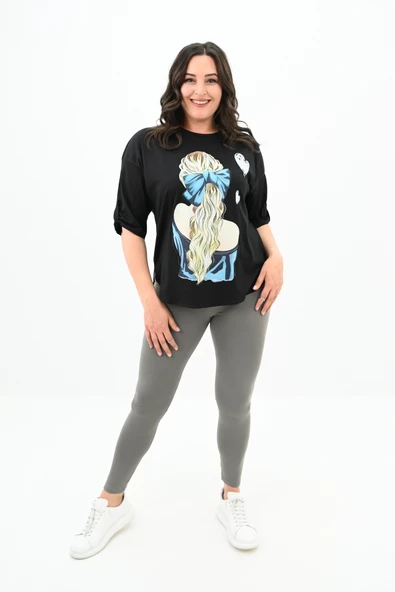 Kadın Büyük Beden Kalp Baskılı Oversize T-shirt 1773-3-24 - 3