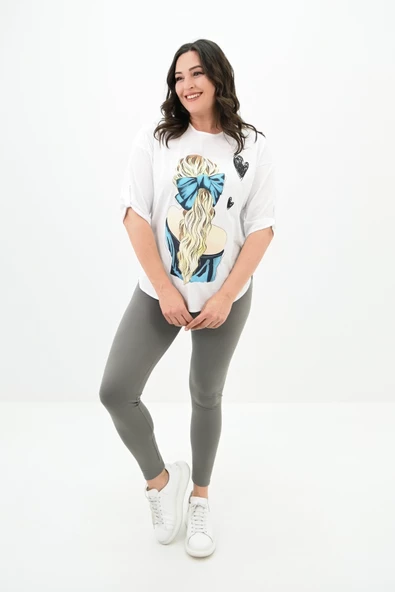 Kadın Büyük Beden Kalp Baskılı Oversize T-shirt 1773-3-24 - 6