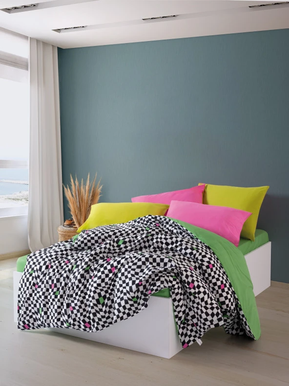 Cozy Home Popping Colors Çift Kişilik Lastikli Çarşaflı Nevresim Takımı Dazzle Yeşil