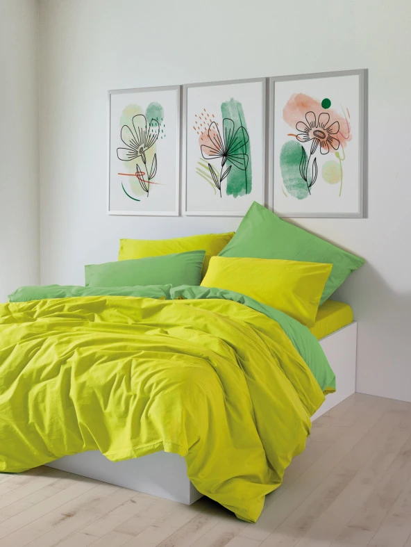 Cozy Home Popping Colors Çift Kişilik Lastikli Çarşaflı Nevresim Takımı Sage Sarı-Yeşil