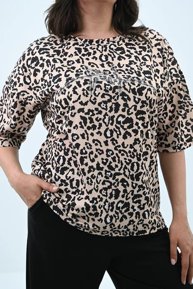 Kadın Büyük Beden Leopar Desenli T-shirt Takım 8113-24 - 11