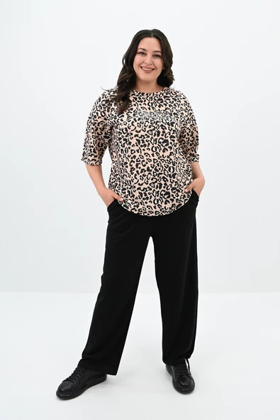 Kadın Büyük Beden Leopar Desenli T-shirt Takım 8113-24 - 7
