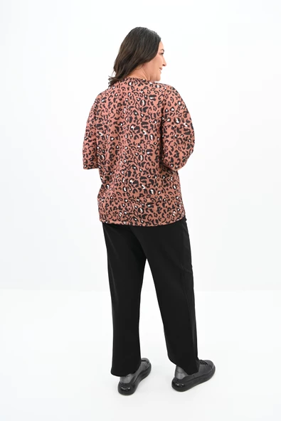 Kadın Büyük Beden Leopar Desenli T-shirt Takım 8113-24 - 5