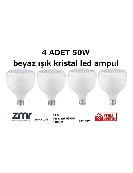 ZMR T-BULB 50W KRİSTAL CAMLI LED AMPUL E27 6500K BEYAZ IŞIK ( 4 ADET )