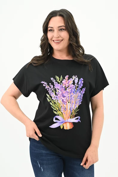 Kadın Büyük Beden Lavanta Baskı Detaylı T-shirt 1781-25 - 2