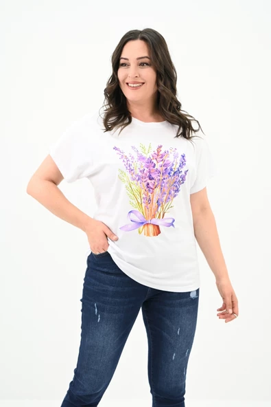 Kadın Büyük Beden Lavanta Baskı Detaylı T-shirt 1781-25 - 9