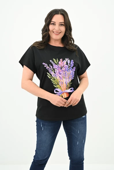 Kadın Büyük Beden Lavanta Baskı Detaylı T-shirt 1781-25 - 4