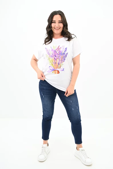 Kadın Büyük Beden Lavanta Baskı Detaylı T-shirt 1781-25 - 8