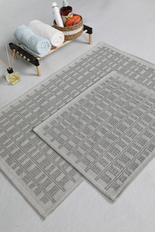 Naturel Pamuklu Kilim Yıkanabilir Banyo Paspası Halısı 2'li Klozet Takımı 60x100-50x60cm Gri - 2