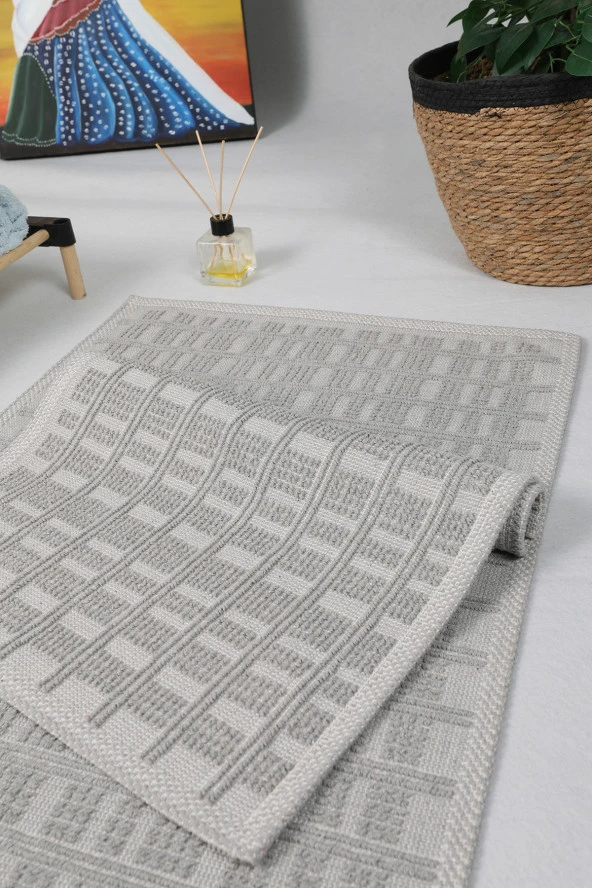 Naturel Pamuklu Kilim Yıkanabilir Banyo Paspası Halısı 2'li Klozet Takımı 60x100-50x60cm Gri - 3