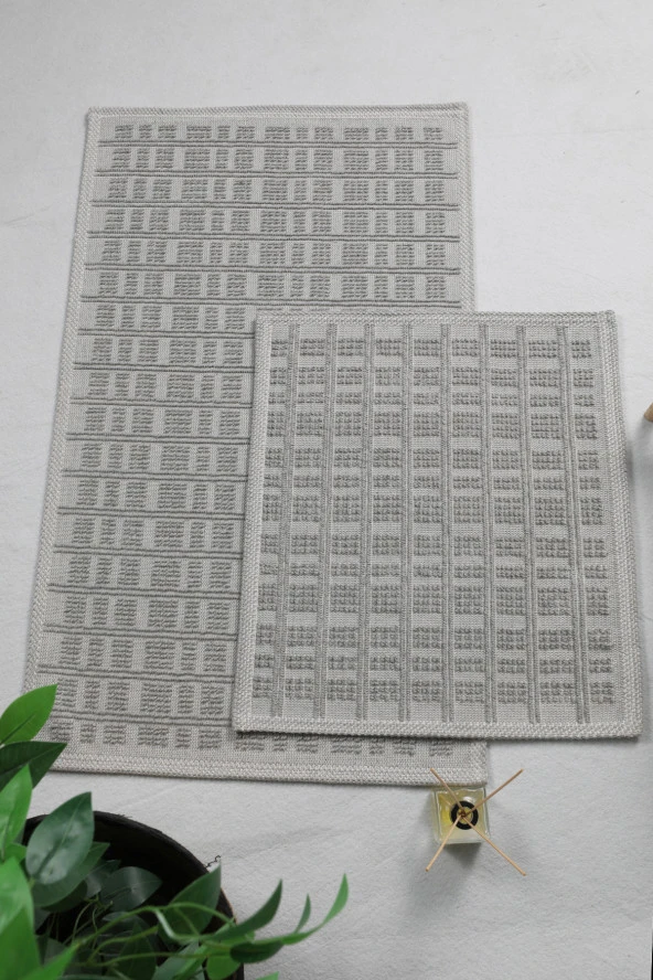 Naturel Pamuklu Kilim Yıkanabilir Banyo Paspası Halısı 2'li Klozet Takımı 60x100-50x60cm Gri - 4