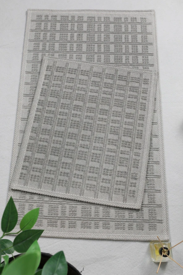 Naturel Pamuklu Kilim Yıkanabilir Banyo Paspası Halısı 2'li Klozet Takımı 60x100-50x60cm Gri - 6